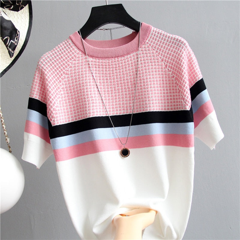 Women’s Thin Knitted Striped Short Sleeve Summer Fashion T-Shirt