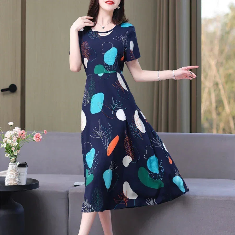 Women’s Summer Vintage Print Dress Loose Short Sleeve O Neck