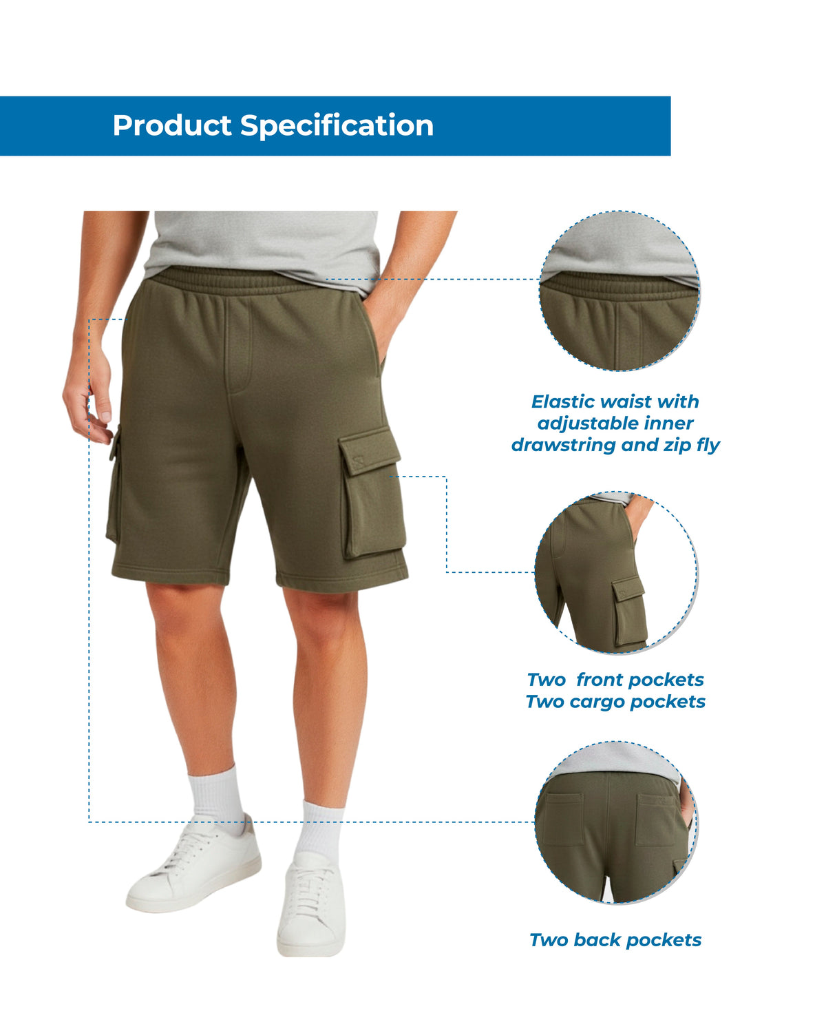 Men’s Fleece Cargo Shorts Elastic Waist Multi Pocket Sweatshorts