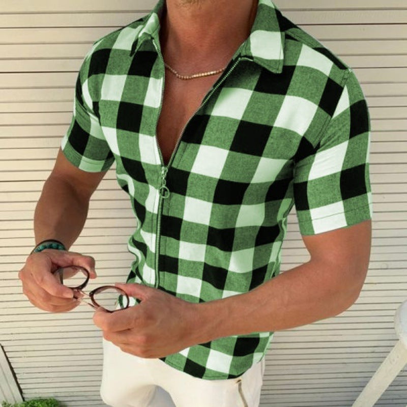Men’s Plaid Zipper Short Sleeve Summer Casual Shirt