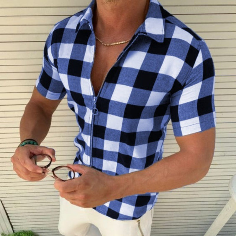 Men’s Plaid Zipper Short Sleeve Summer Casual Shirt