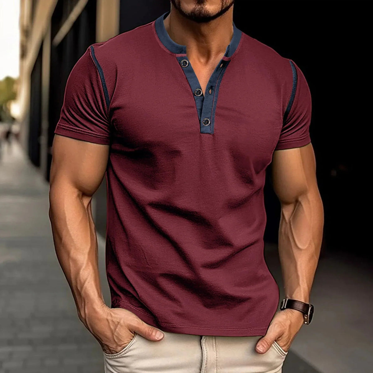 Men’s Short Sleeve Polo Shirt Summer Button V Neck Top