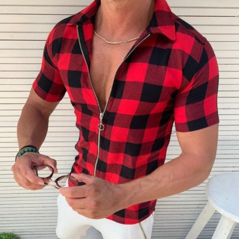Men’s Plaid Zipper Short Sleeve Summer Casual Shirt