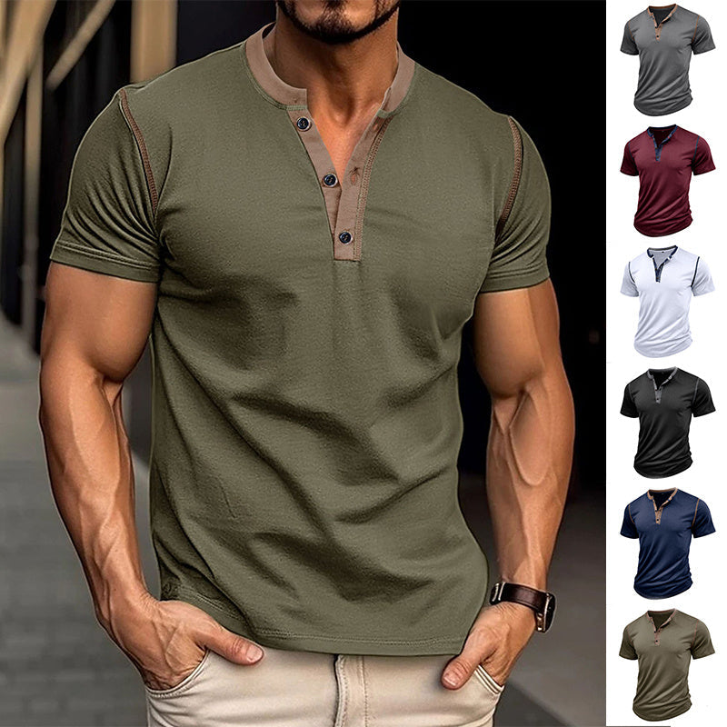Men’s Short Sleeve Polo Shirt Summer Button V Neck Top
