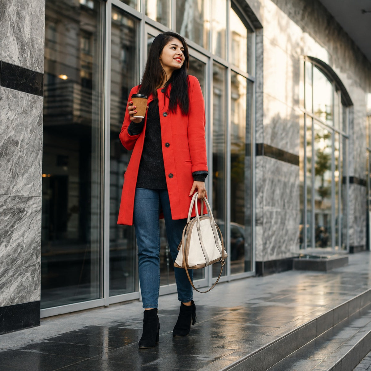 A woman stands on a city sidewalk in front of a modern glass building, wearing a bright red coat over a black top and blue jeans, holding a coffee cup and a cream handbag.