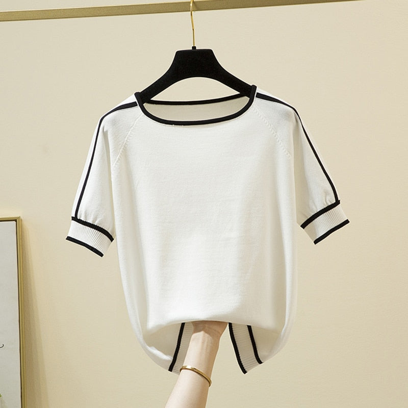 Women’s Thin Knitted Striped Short Sleeve Summer Fashion T-Shirt