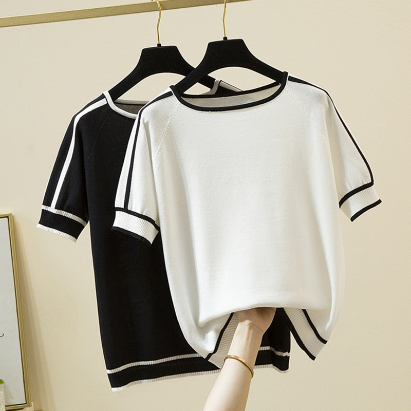 Women’s Thin Knitted Striped Short Sleeve Summer Fashion T-Shirt