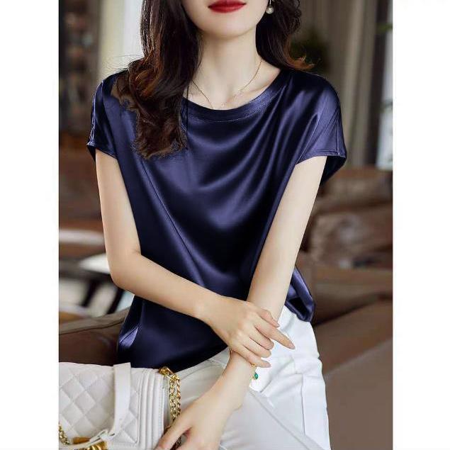 Women’s Silk Thin Short Sleeve Loose Brown Summer Top