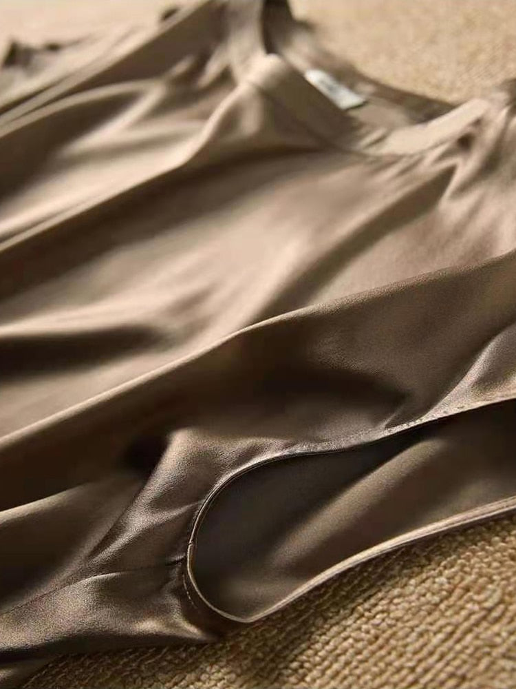 Women’s Silk Thin Short Sleeve Loose Brown Summer Top