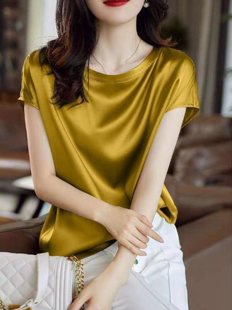 Women’s Silk Thin Short Sleeve Loose Brown Summer Top