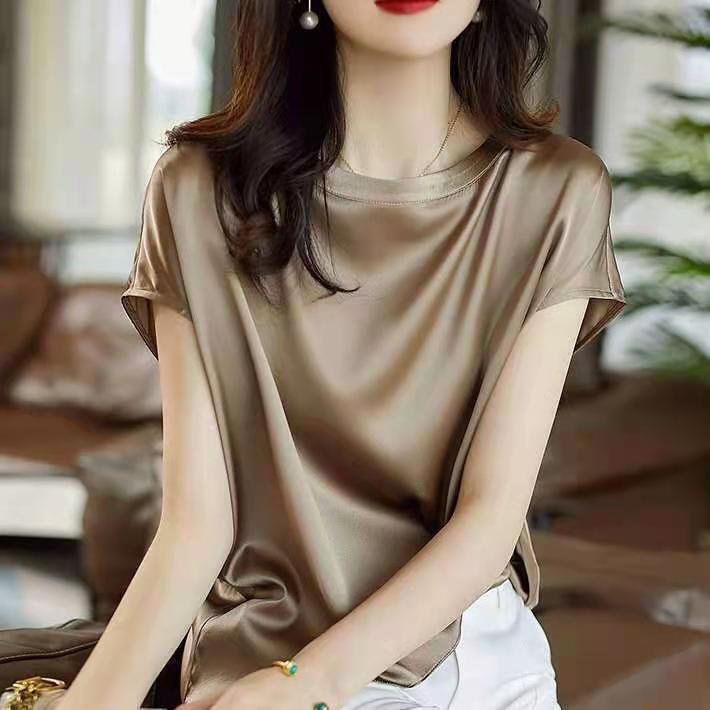 Women’s Silk Thin Short Sleeve Loose Brown Summer Top