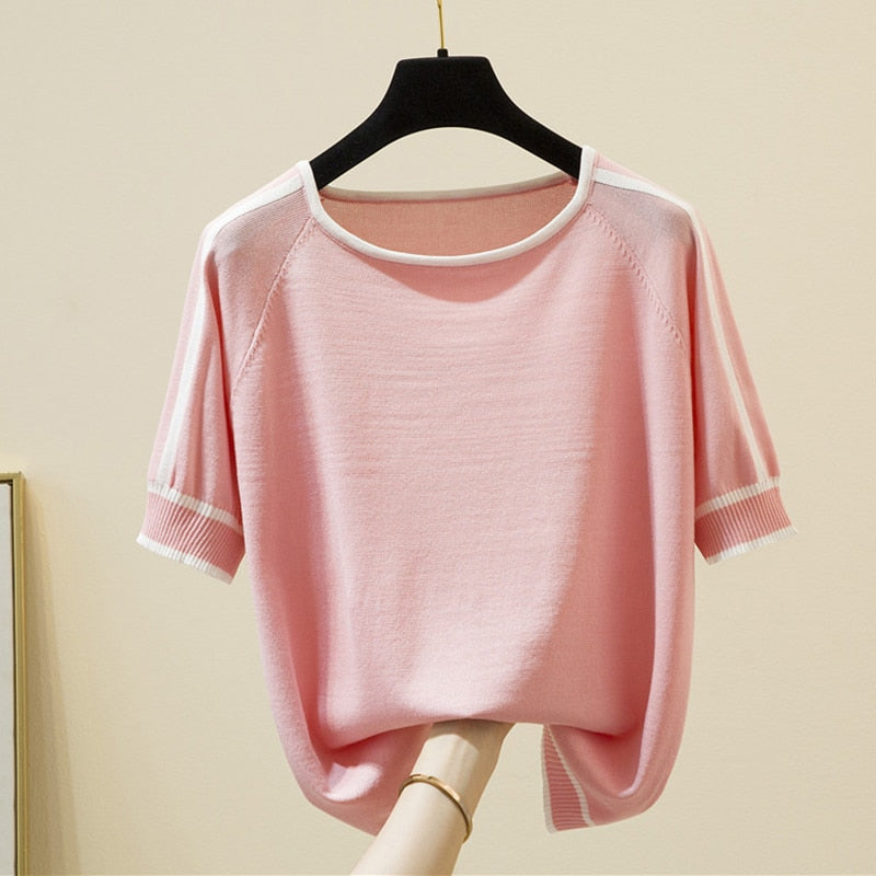 Women’s Thin Knitted Striped Short Sleeve Summer Fashion T-Shirt