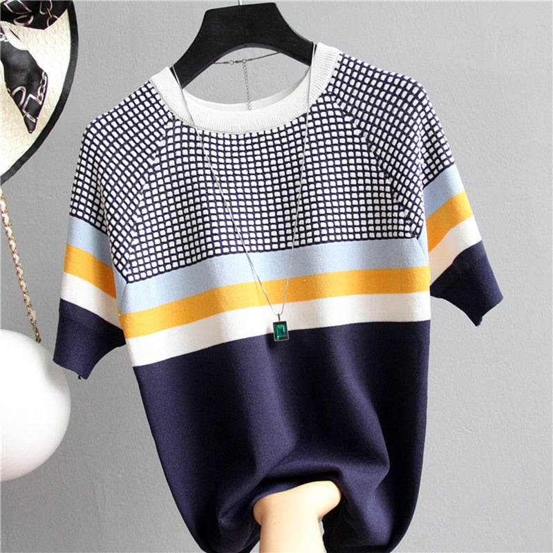 Women’s Thin Knitted Striped Short Sleeve Summer Fashion T-Shirt