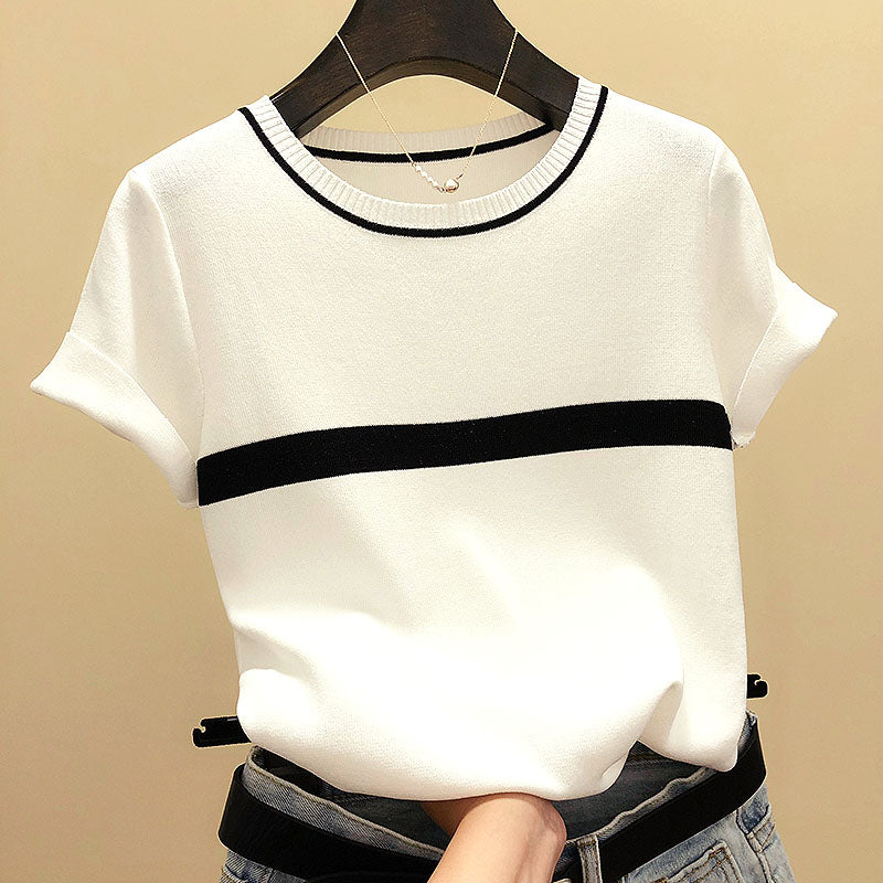 Women’s Thin Knitted Striped Short Sleeve Summer Fashion T-Shirt