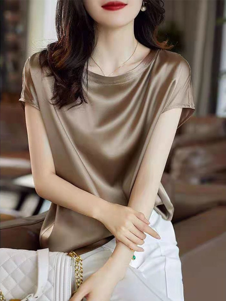 Women’s Silk Thin Short Sleeve Loose Brown Summer Top