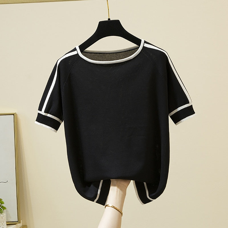 Women’s Thin Knitted Striped Short Sleeve Summer Fashion T-Shirt