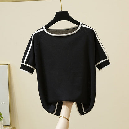 Women’s Thin Knitted Striped Short Sleeve Summer Fashion T-Shirt