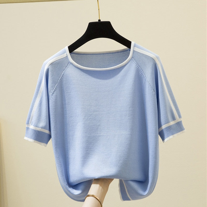 Women’s Thin Knitted Striped Short Sleeve Summer Fashion T-Shirt