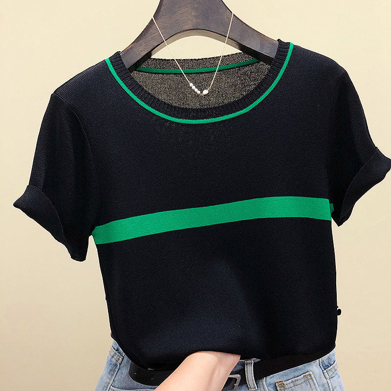 Women’s Thin Knitted Striped Short Sleeve Summer Fashion T-Shirt