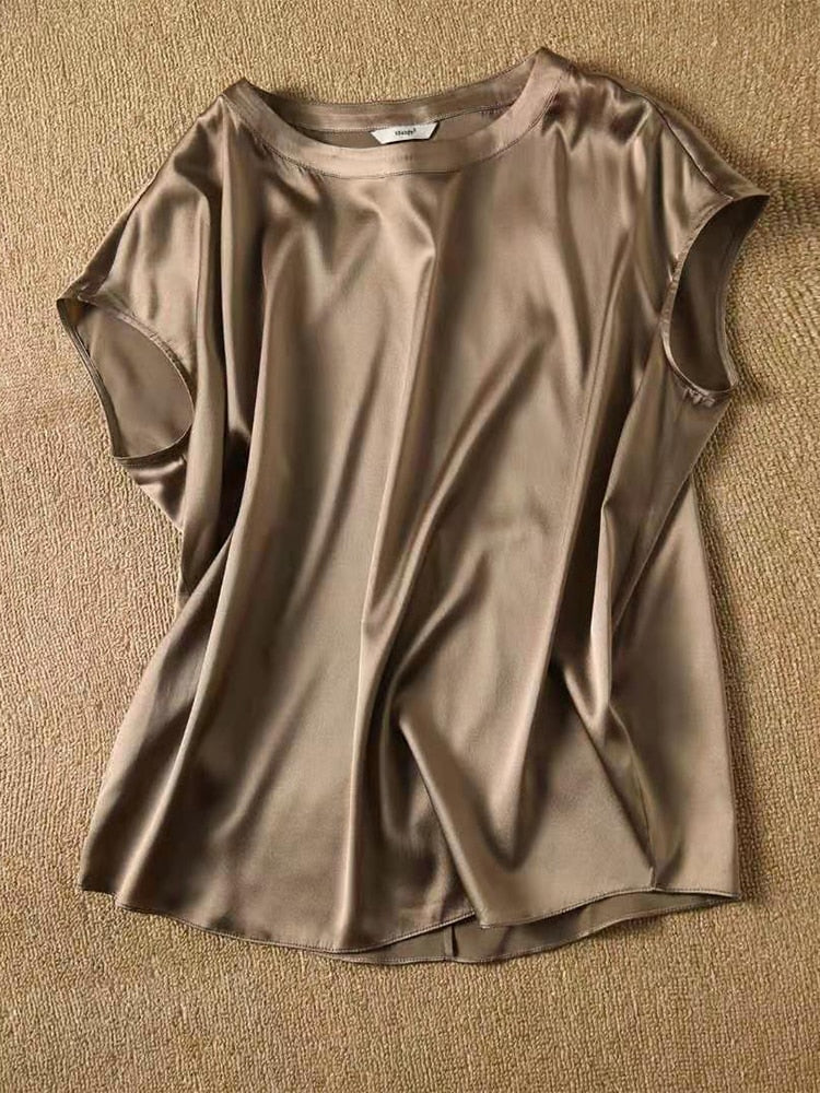Women’s Silk Thin Short Sleeve Loose Brown Summer Top