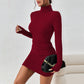 Women’s Wine Red High Neck Short Dress Autumn Winter