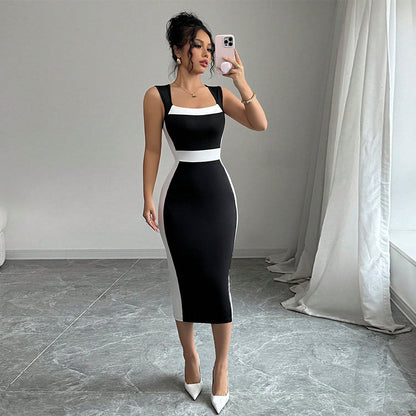Women’s Summer Square Neck Maxi Dress Contrast Color Strappy