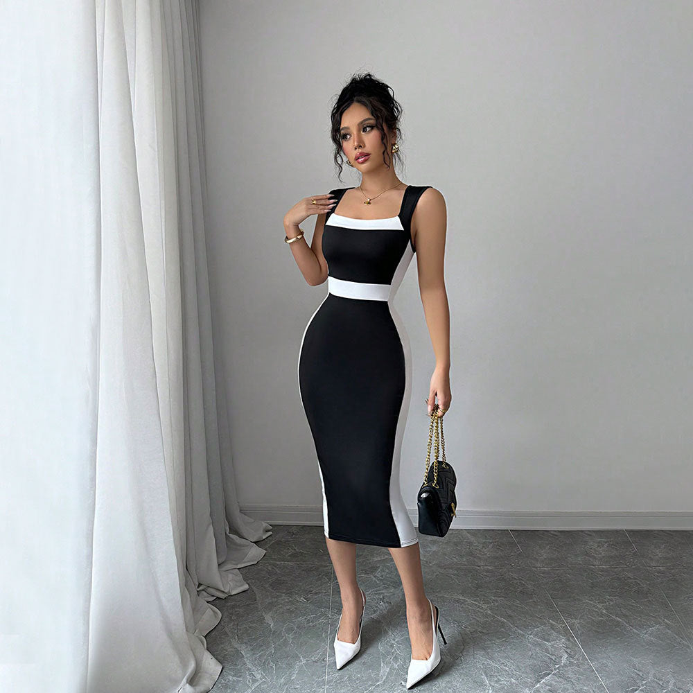 Women’s Summer Square Neck Maxi Dress Contrast Color Strappy