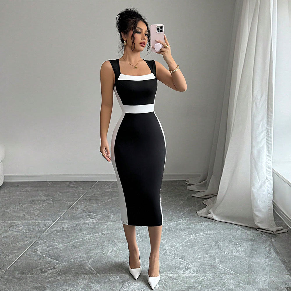 Women’s Summer Square Neck Maxi Dress Contrast Color Strappy