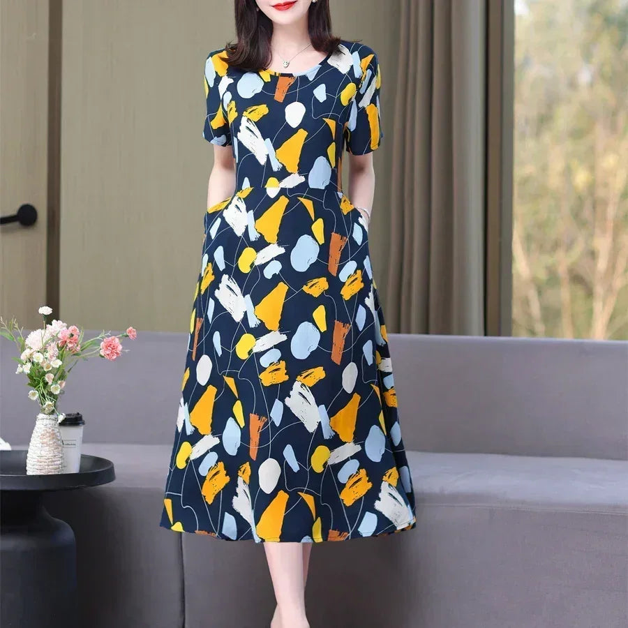 Women’s Summer Vintage Print Dress Loose Short Sleeve O Neck