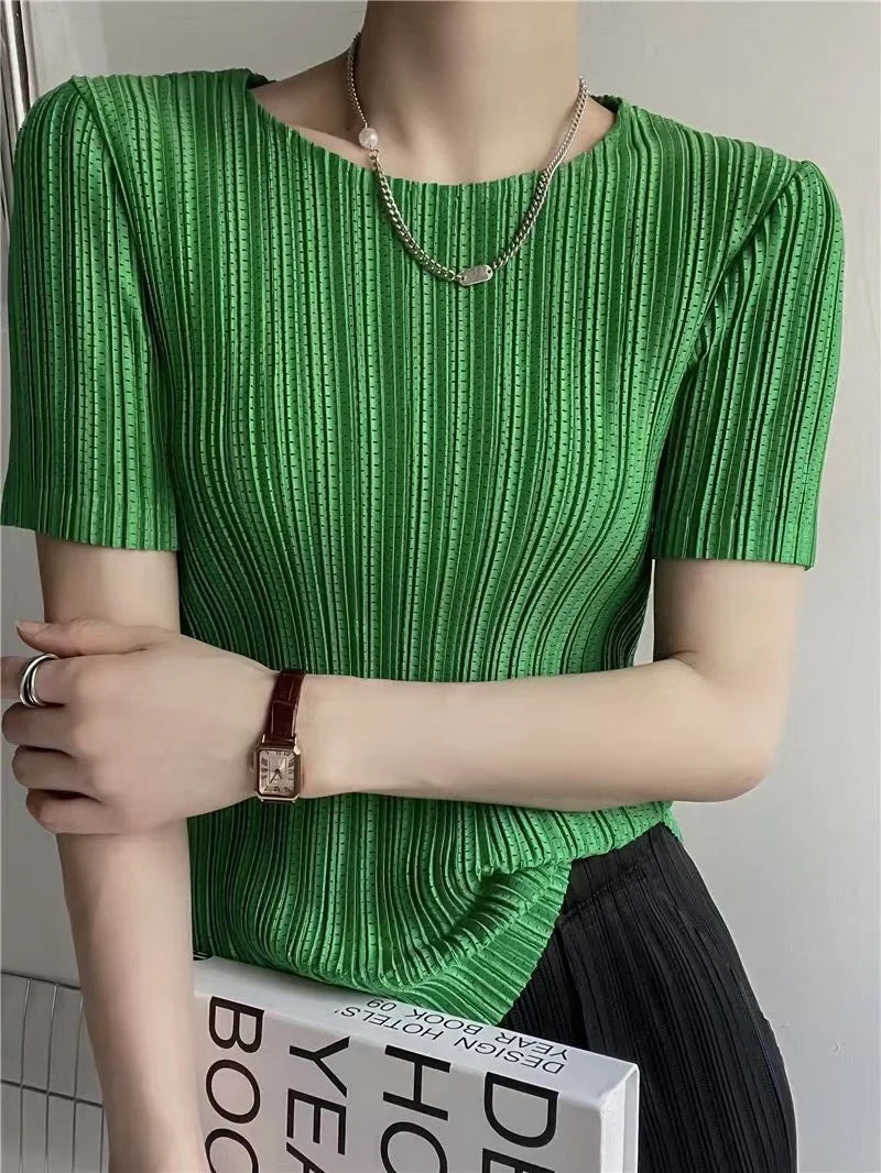 Women’s Pleated Short Sleeve Top Stylish Casual Fashion Shirt