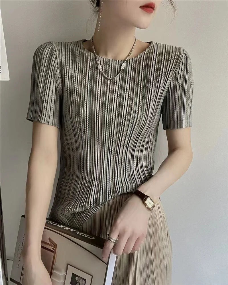 Women’s Pleated Short Sleeve Top Stylish Casual Fashion Shirt