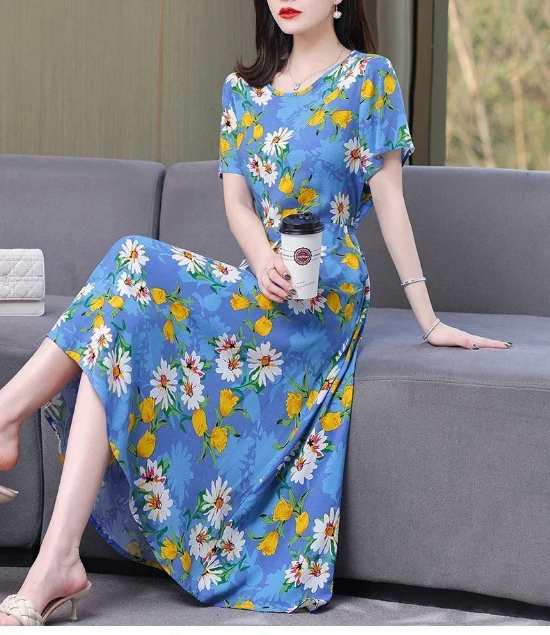 Women’s Summer Vintage Print Dress Loose Short Sleeve O Neck