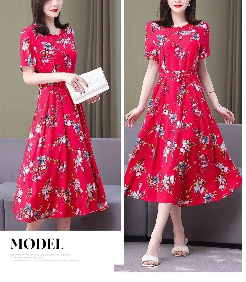 Women’s Summer Vintage Print Dress Loose Short Sleeve O Neck