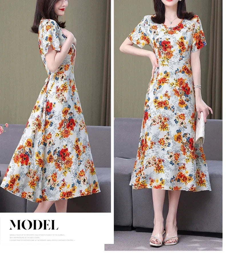 Women’s Summer Vintage Print Dress Loose Short Sleeve O Neck