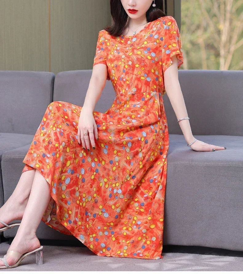 Women’s Summer Vintage Print Dress Loose Short Sleeve O Neck