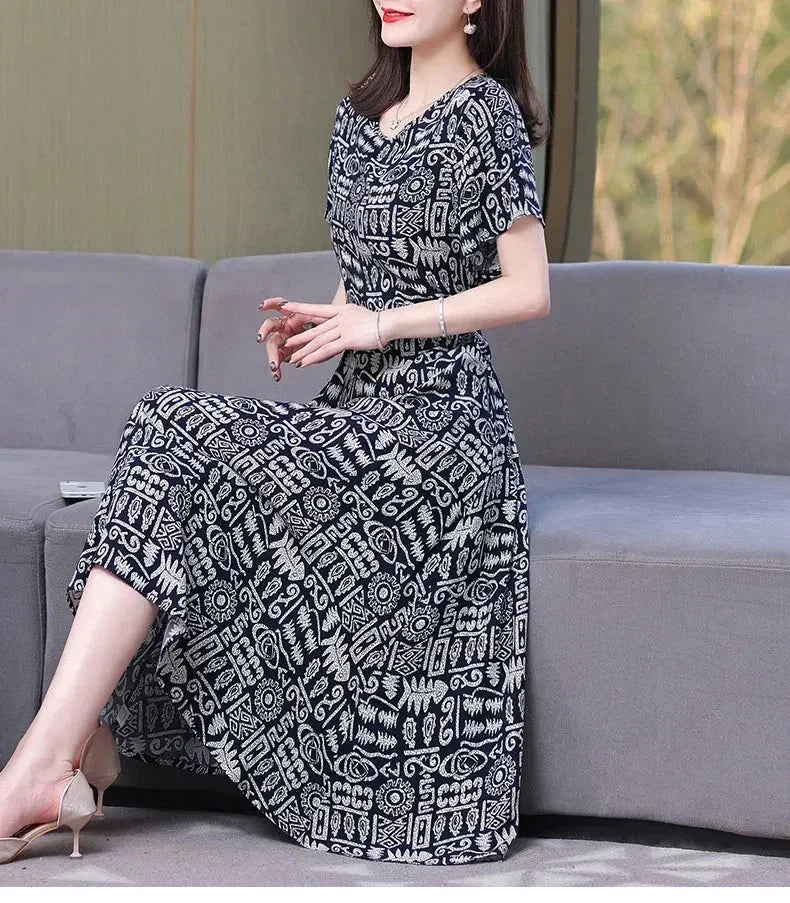 Women’s Summer Vintage Print Dress Loose Short Sleeve O Neck