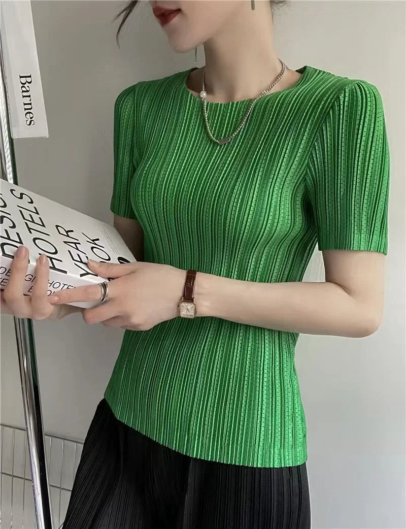 Women’s Pleated Short Sleeve Top Stylish Casual Fashion Shirt