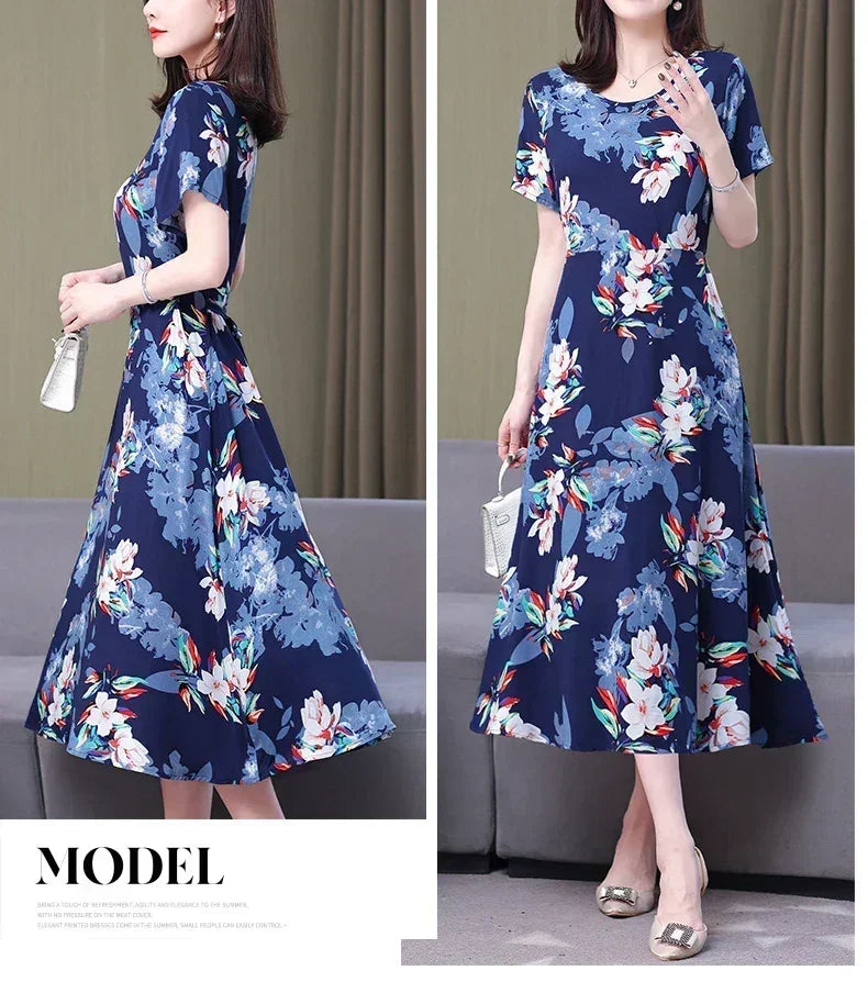 Women’s Summer Vintage Print Dress Loose Short Sleeve O Neck
