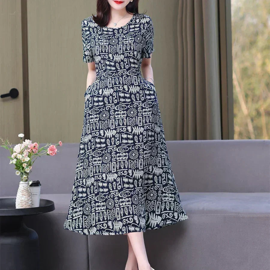 Women’s Summer Vintage Print Dress Loose Short Sleeve O Neck