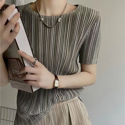 Women’s Pleated Short Sleeve Top Stylish Casual Fashion Shirt