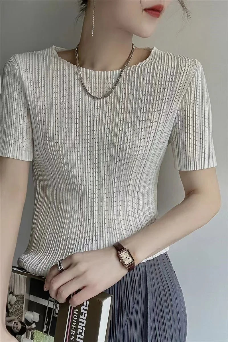 Women’s Pleated Short Sleeve Top Stylish Casual Fashion Shirt