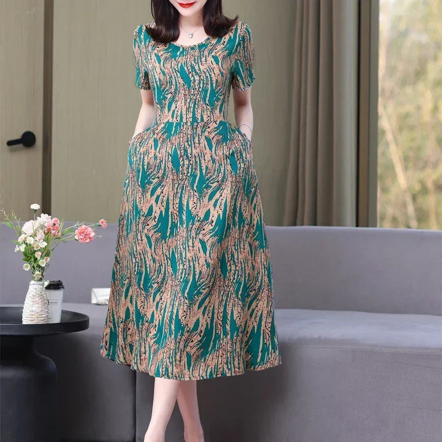 Women’s Summer Vintage Print Dress Loose Short Sleeve O Neck