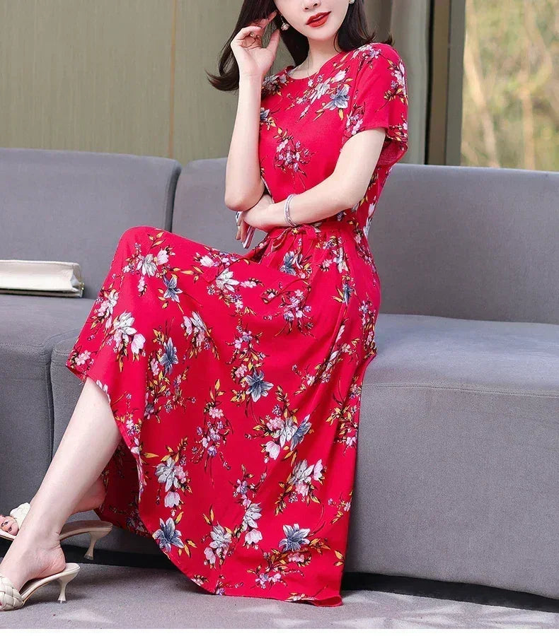 Women’s Summer Vintage Print Dress Loose Short Sleeve O Neck