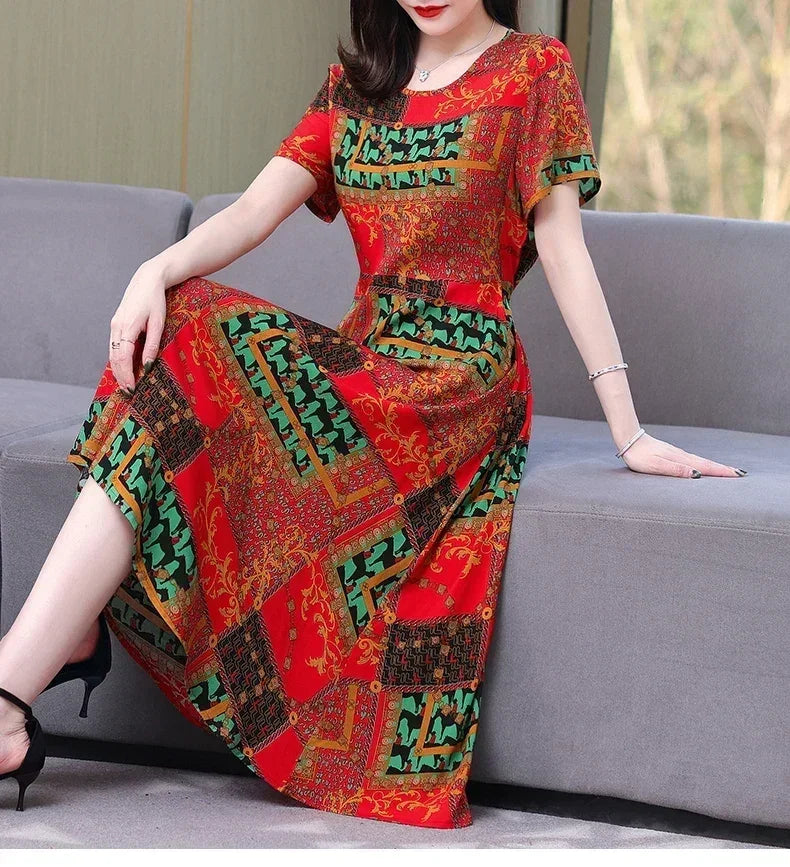 Women’s Summer Vintage Print Dress Loose Short Sleeve O Neck