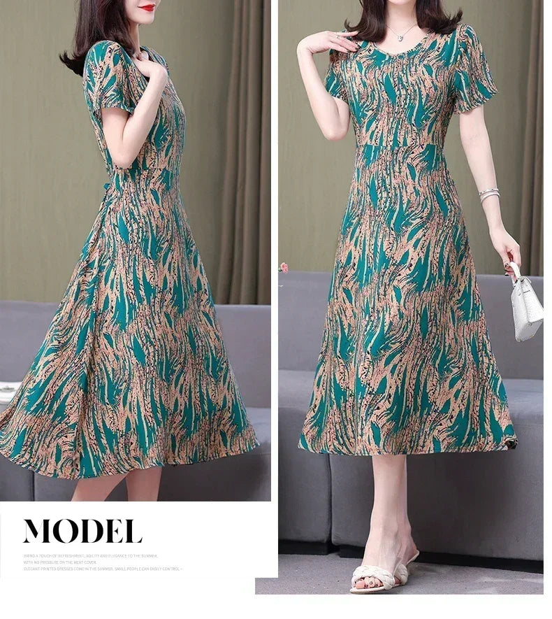 Women’s Summer Vintage Print Dress Loose Short Sleeve O Neck