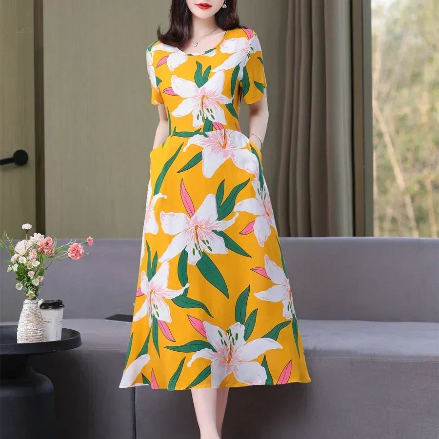Women’s Summer Vintage Print Dress Loose Short Sleeve O Neck