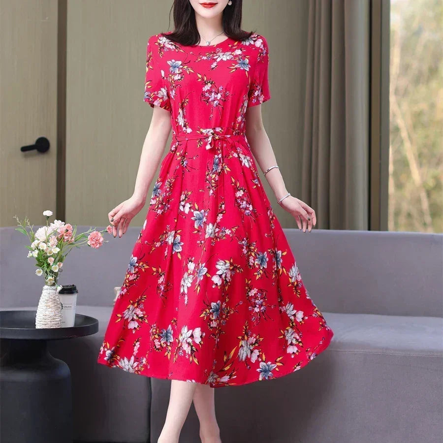 Women’s Summer Vintage Print Dress Loose Short Sleeve O Neck