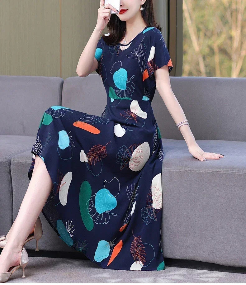 Women’s Summer Vintage Print Dress Loose Short Sleeve O Neck