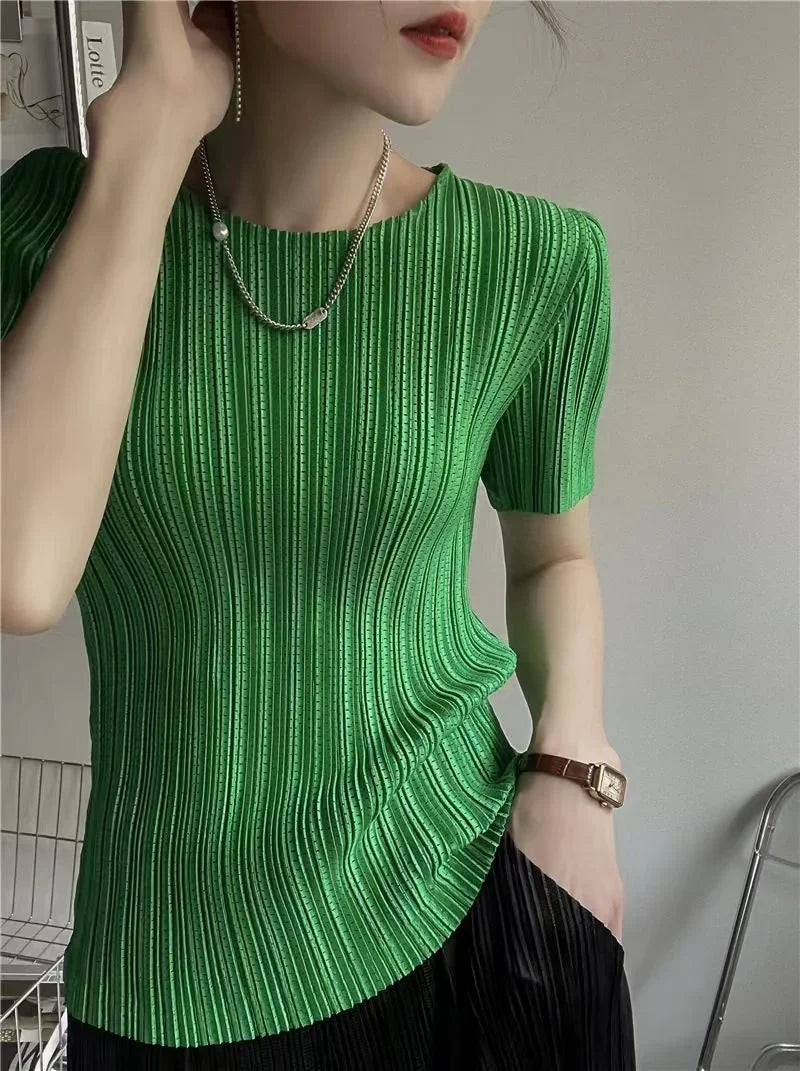 Women’s Pleated Short Sleeve Top Stylish Casual Fashion Shirt