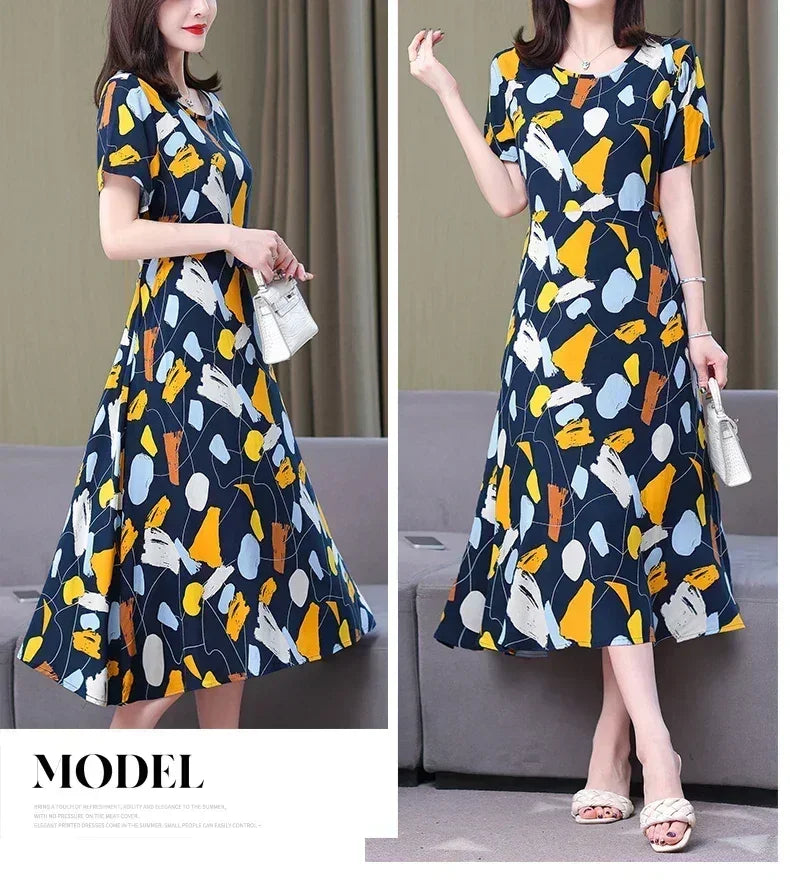Women’s Summer Vintage Print Dress Loose Short Sleeve O Neck